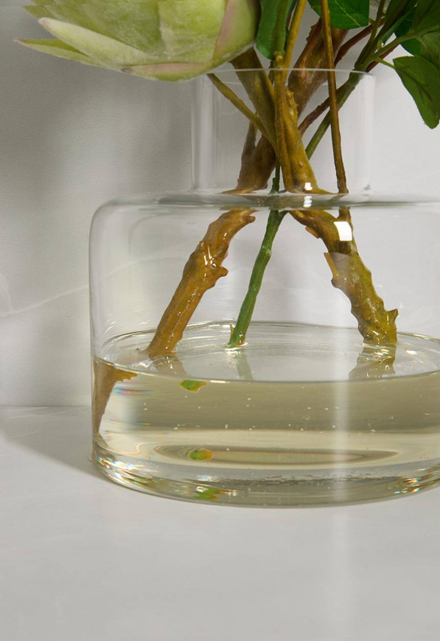 Silk By Design - Protea green with foliage in jar vase
