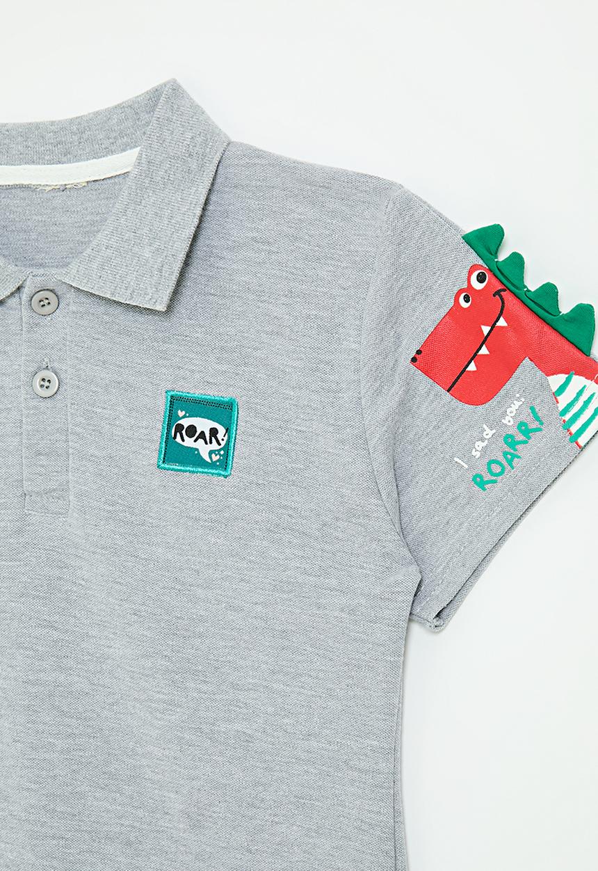 Pop Candy - Golf shirt with badge & dino sleeve - grey