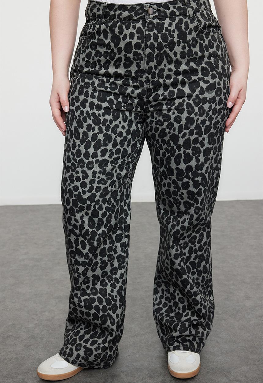 Trendyol - Plus size high waist leopard print jeans - anthracite