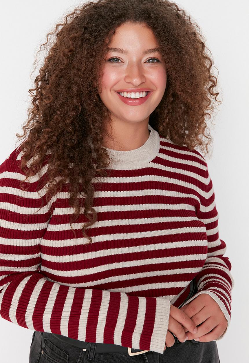 Trendyol - Plus size claret striped body wrap sweater - bordeaux