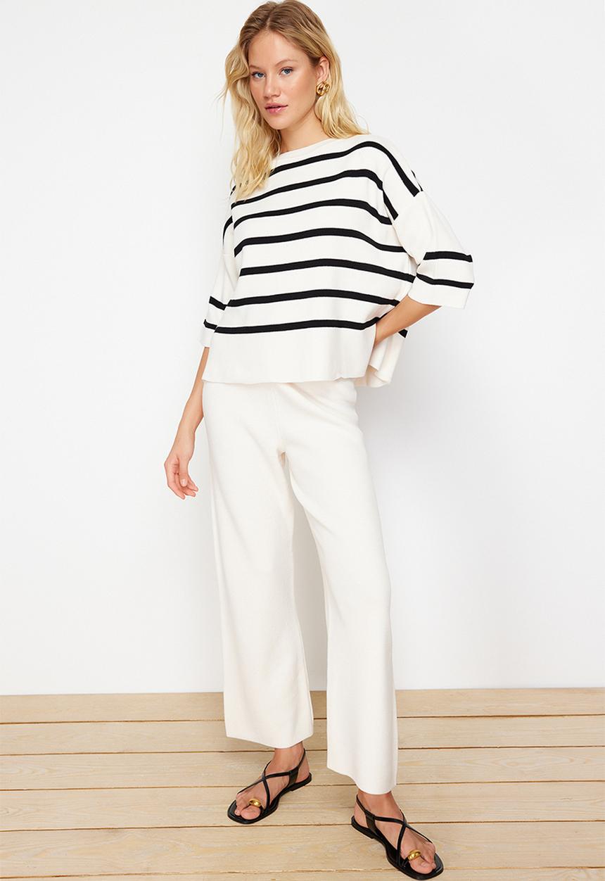 Trendyol - Wide Fit Striped Basic Knitwear Bottom-Top Set - Ecru