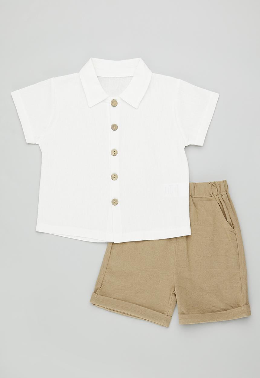 Pop Candy - Mother of pearl button shirt with shorts - white/tan