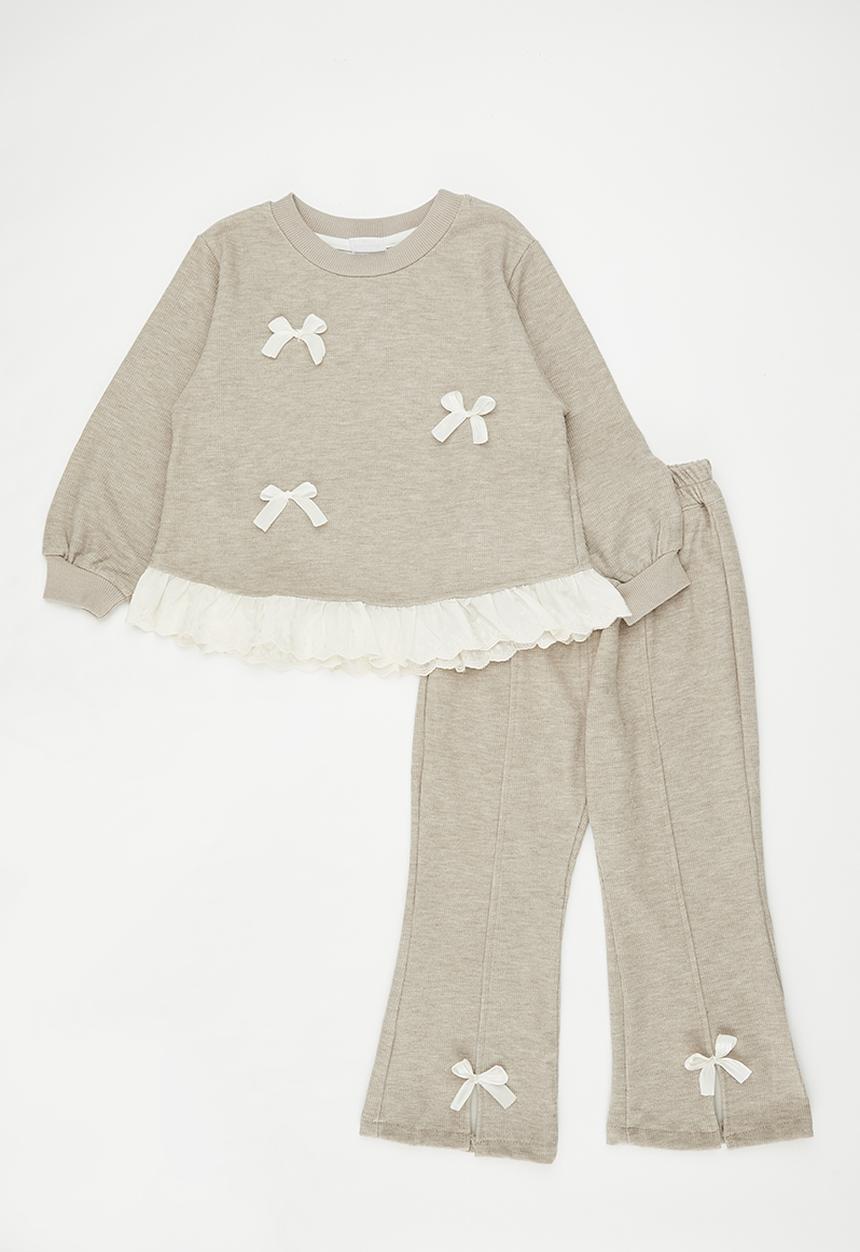 Pop Candy - Bow decor sweat top with wide leg pants - beige/cream