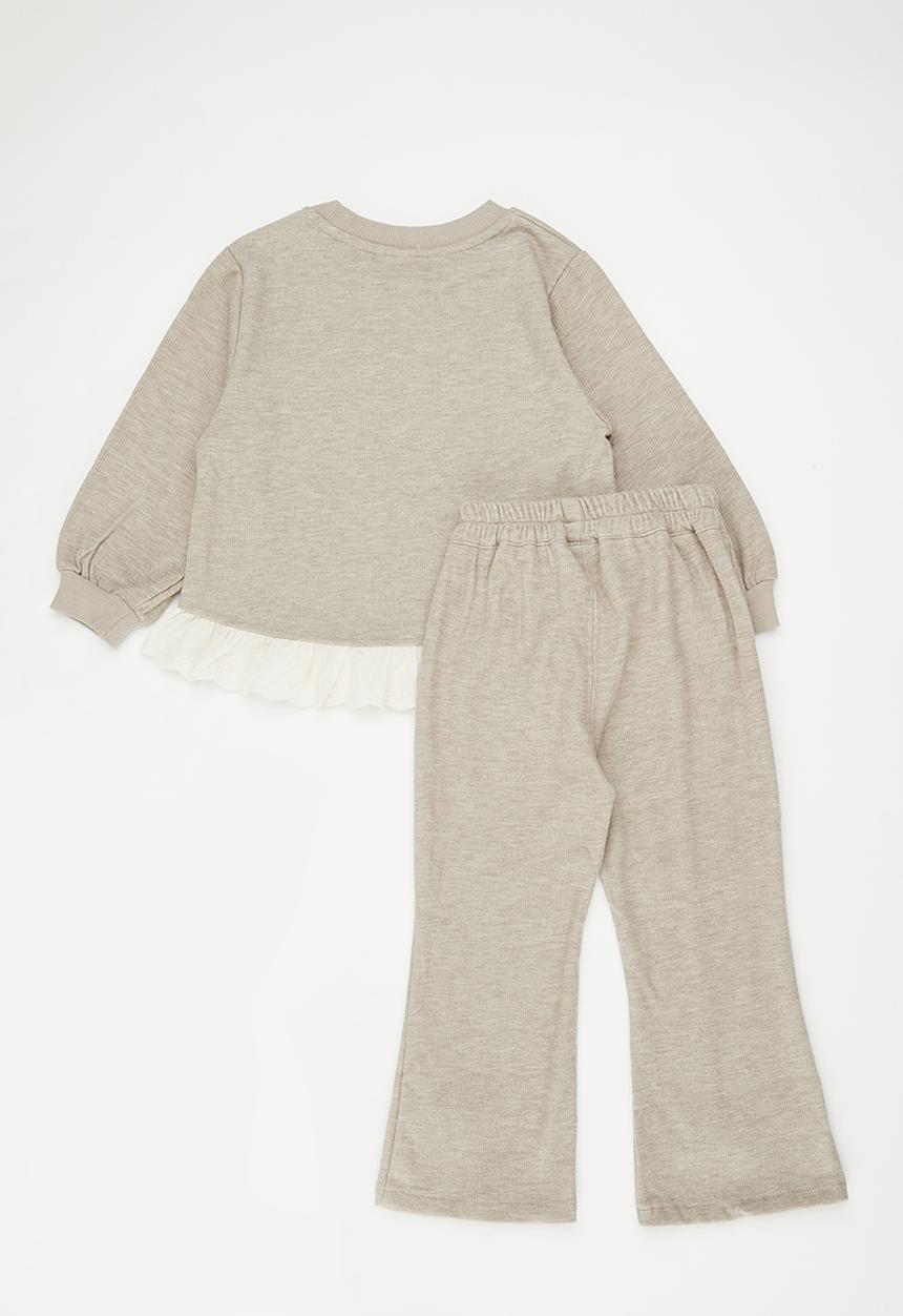 Pop Candy - Bow decor sweat top with wide leg pants - beige/cream
