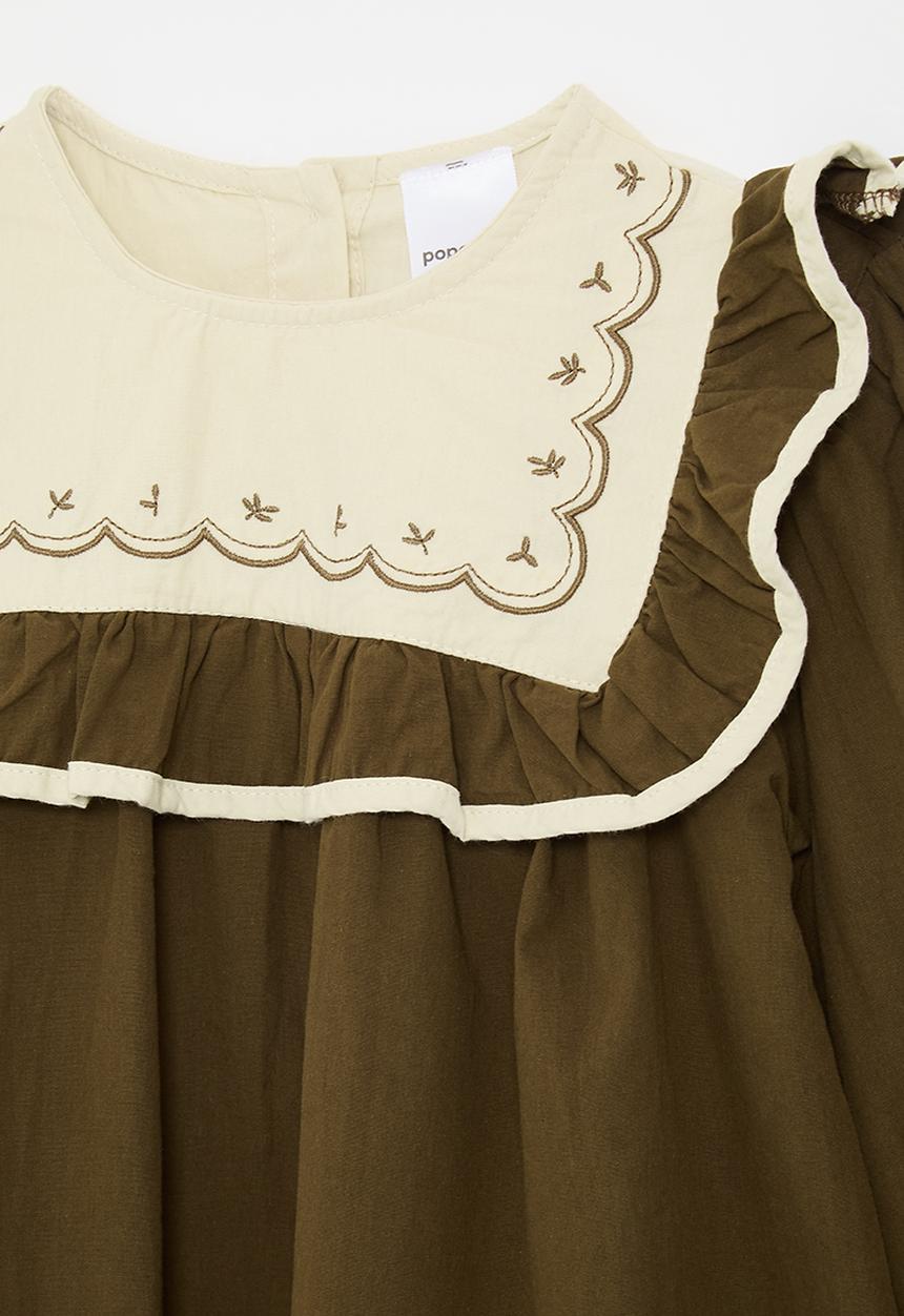 Pop Candy - Embroidered bib ruffle sleeve blouse - brown/beige