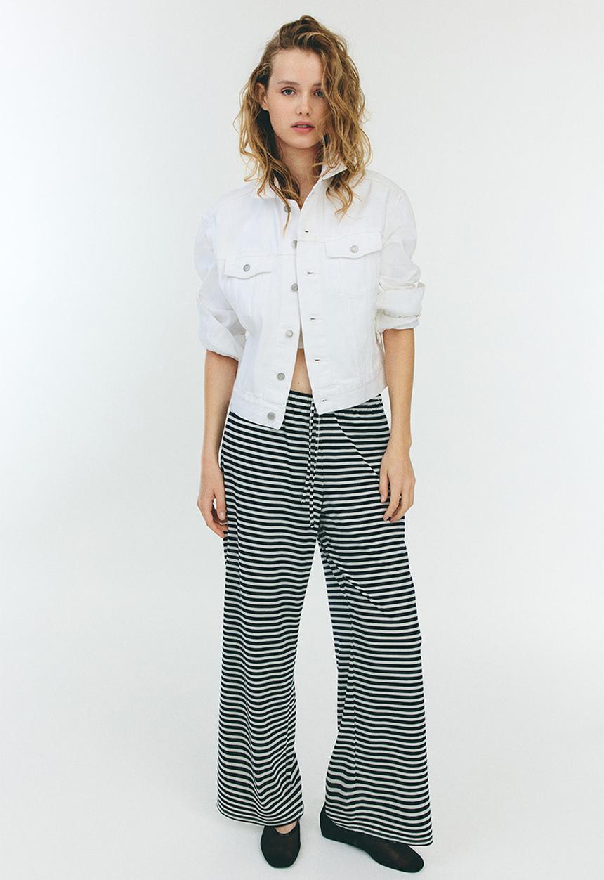 H&M - Straight drawstring trousers - navy blue/striped