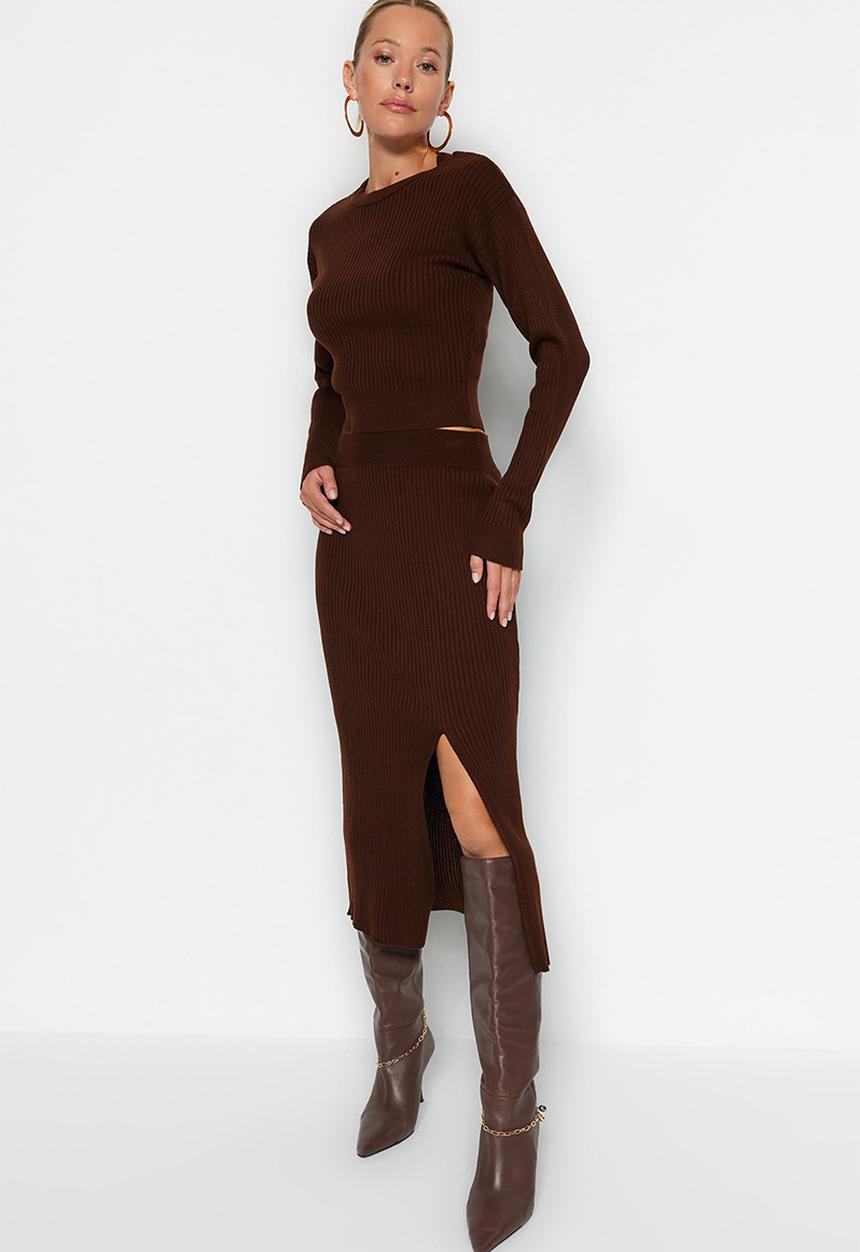 Trendyol - Crop Knitwear Set - Brown