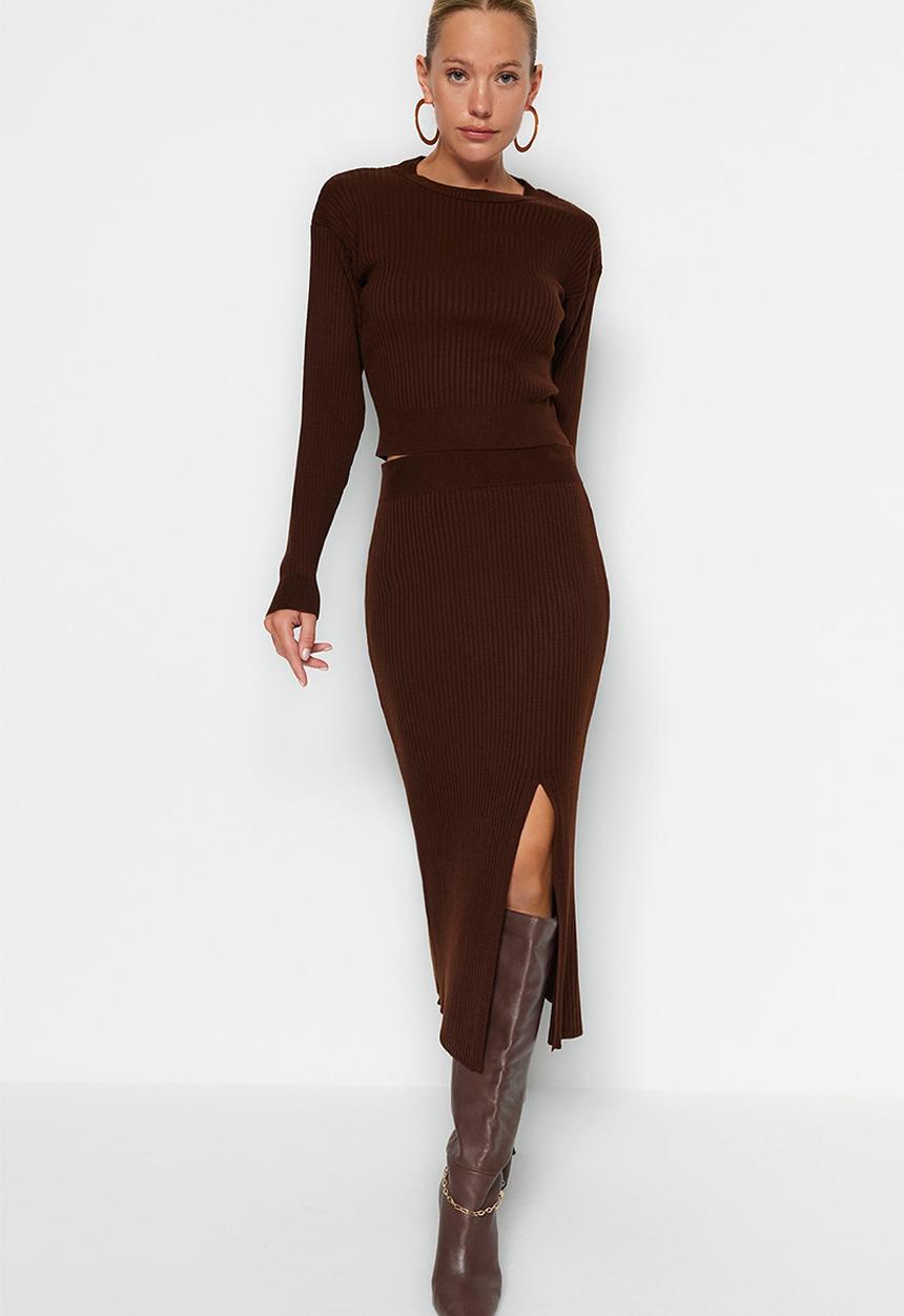 Trendyol - Crop Knitwear Set - Brown