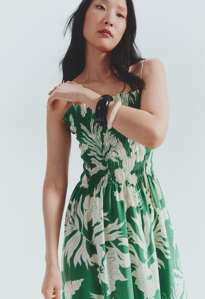 H&M - Smocked-bodice strappy dress - green/white floral