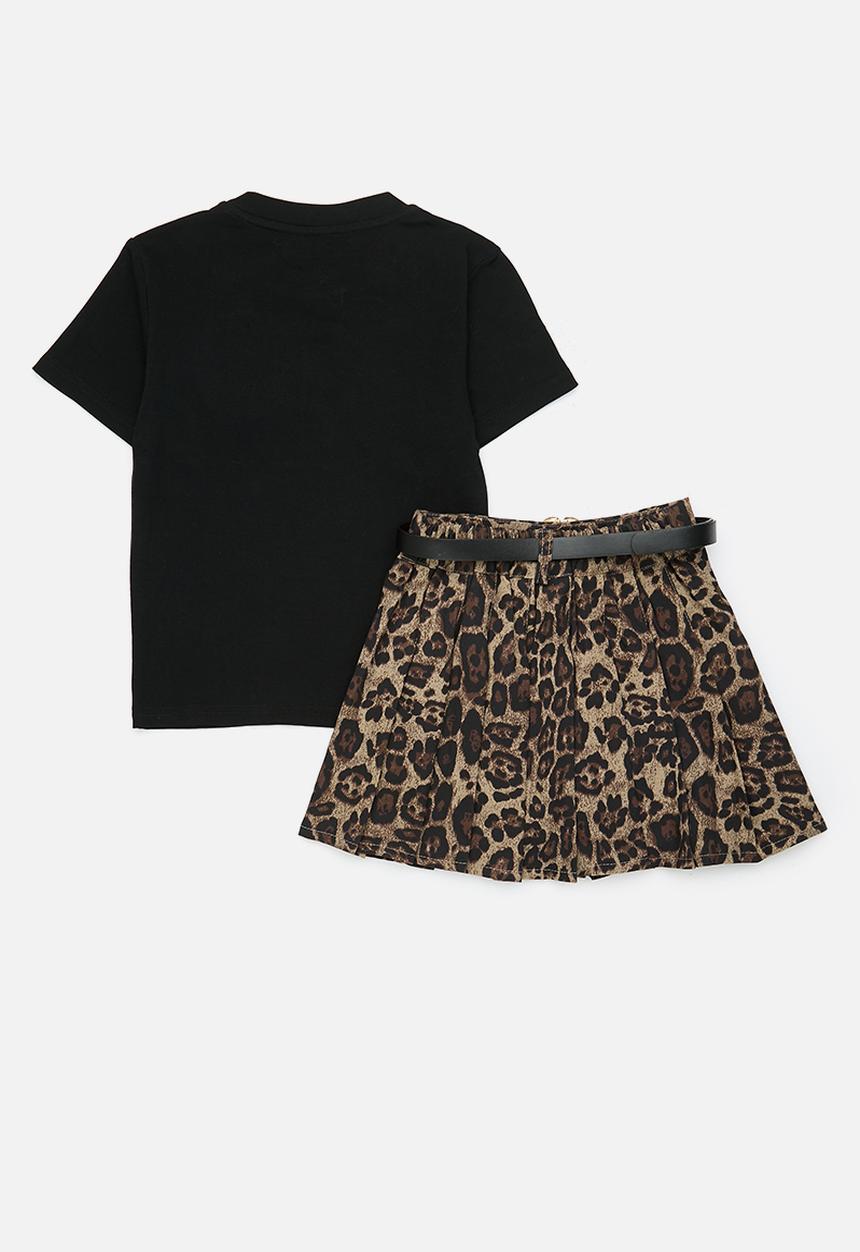 Pop Candy - Hydrangea applique tee with pleated flared skirt - black/multi