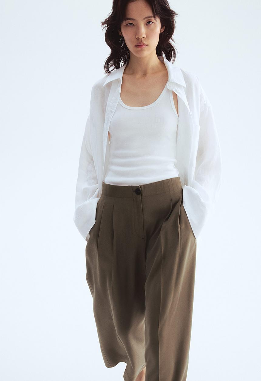 H&M - Wide ankle-length trousers - dark khaki green