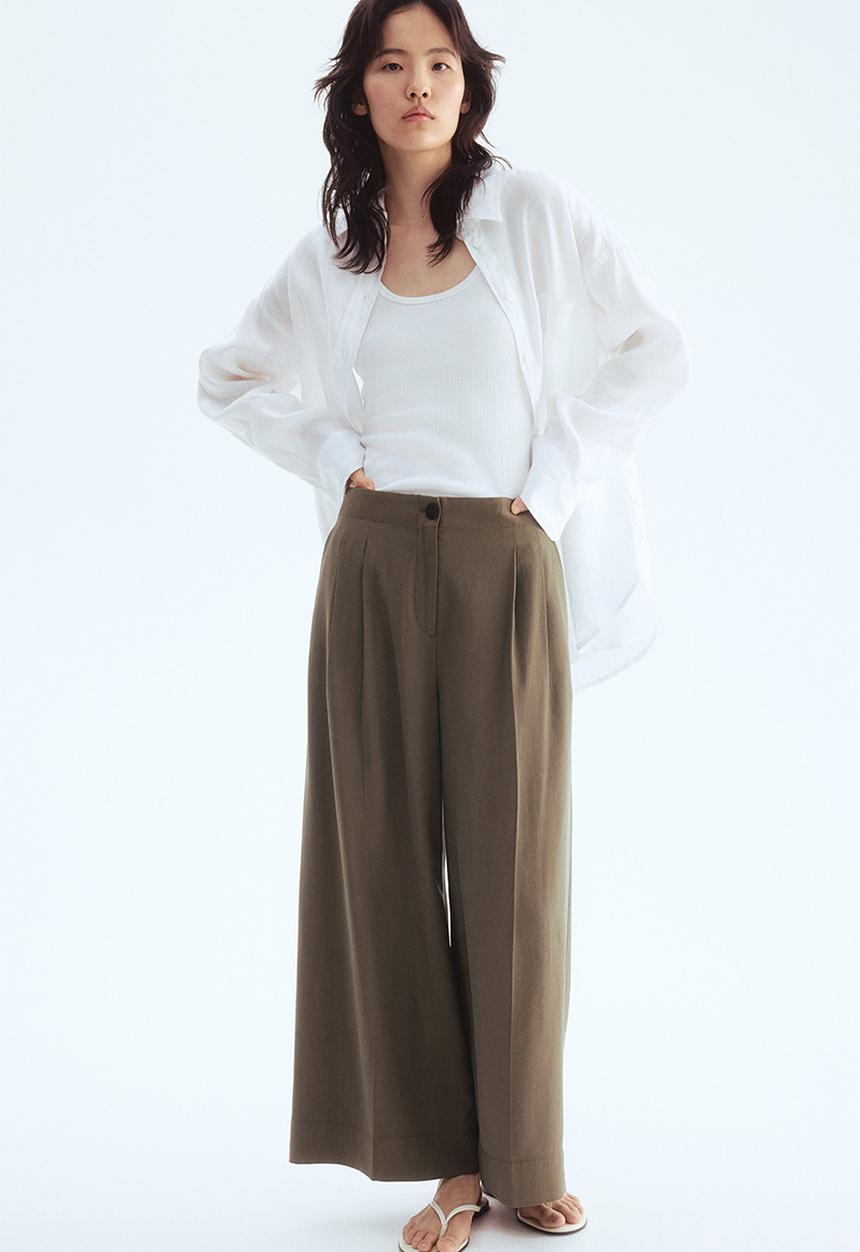 H&M - Wide ankle-length trousers - dark khaki green