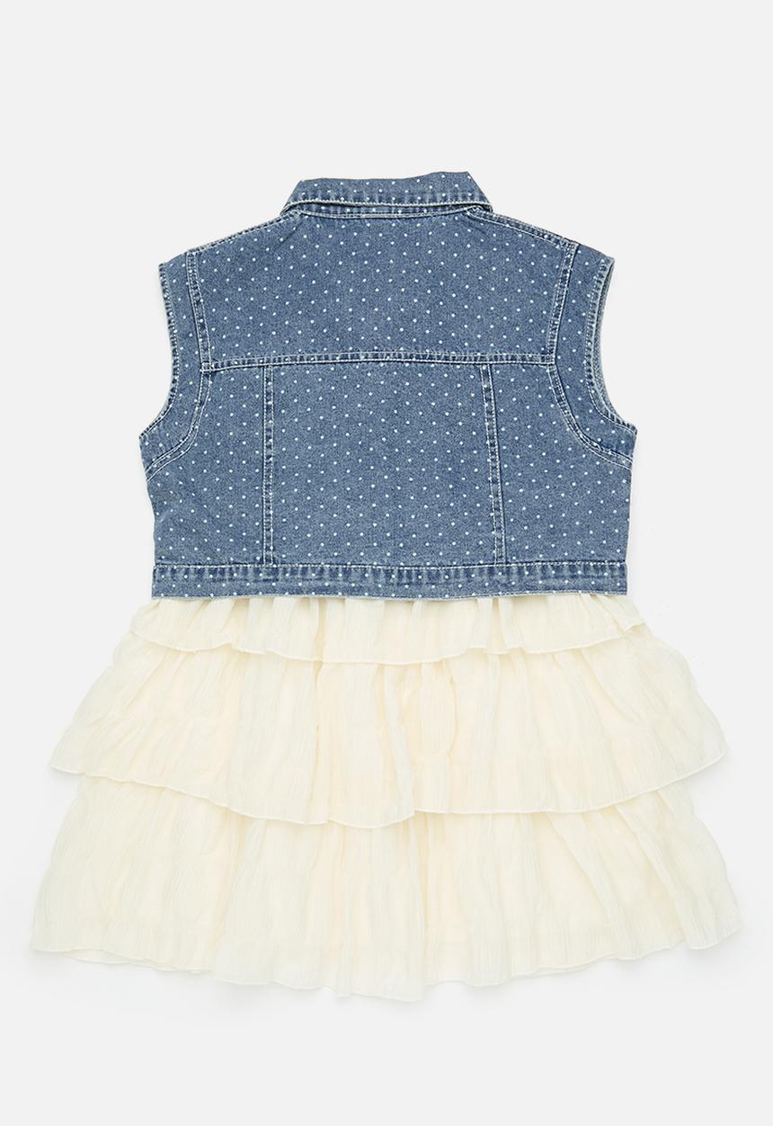 Pop Candy - Polka dot denim vest dress - blue/cream