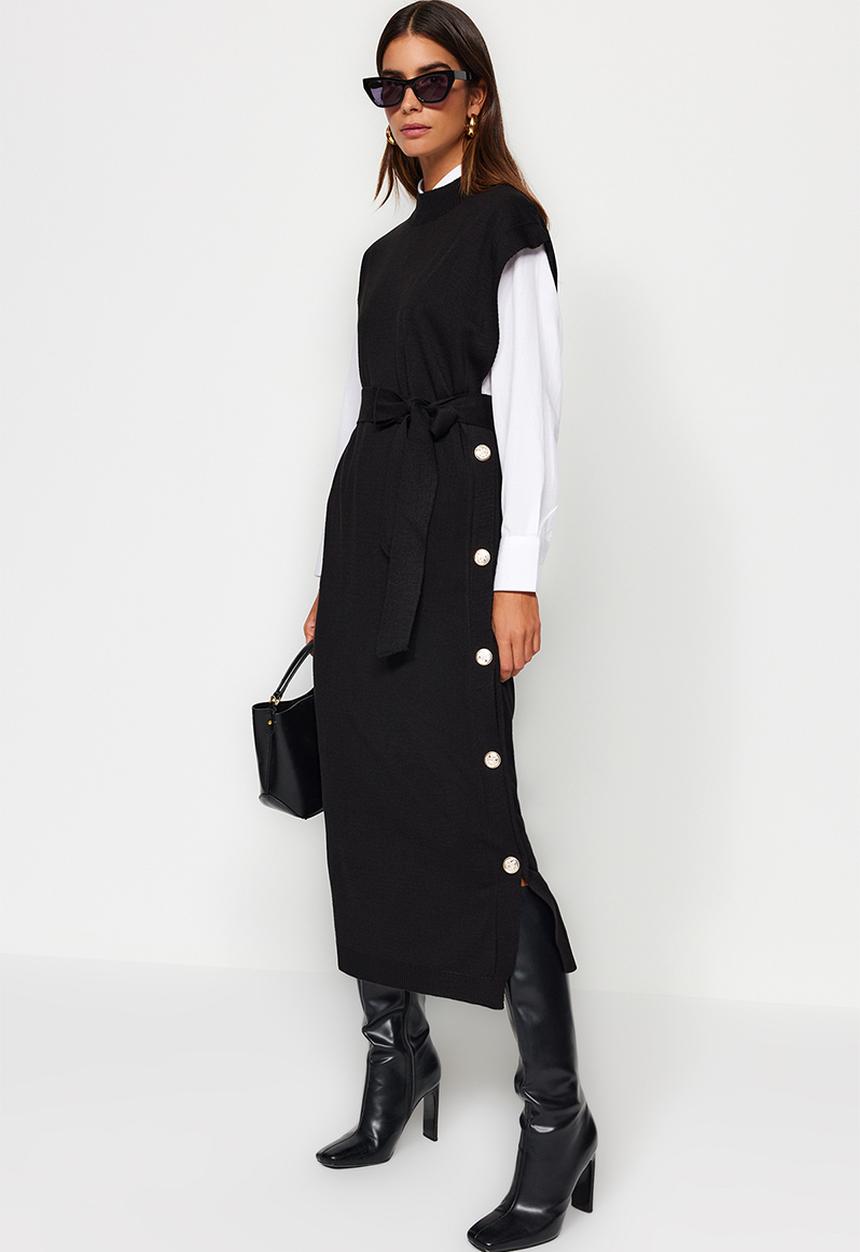 Trendyol - Button Detailed Knitwear Sweater Dress - Black