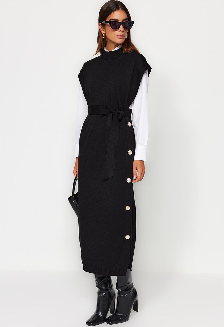 Trendyol - Button Detailed Knitwear Sweater Dress - Black