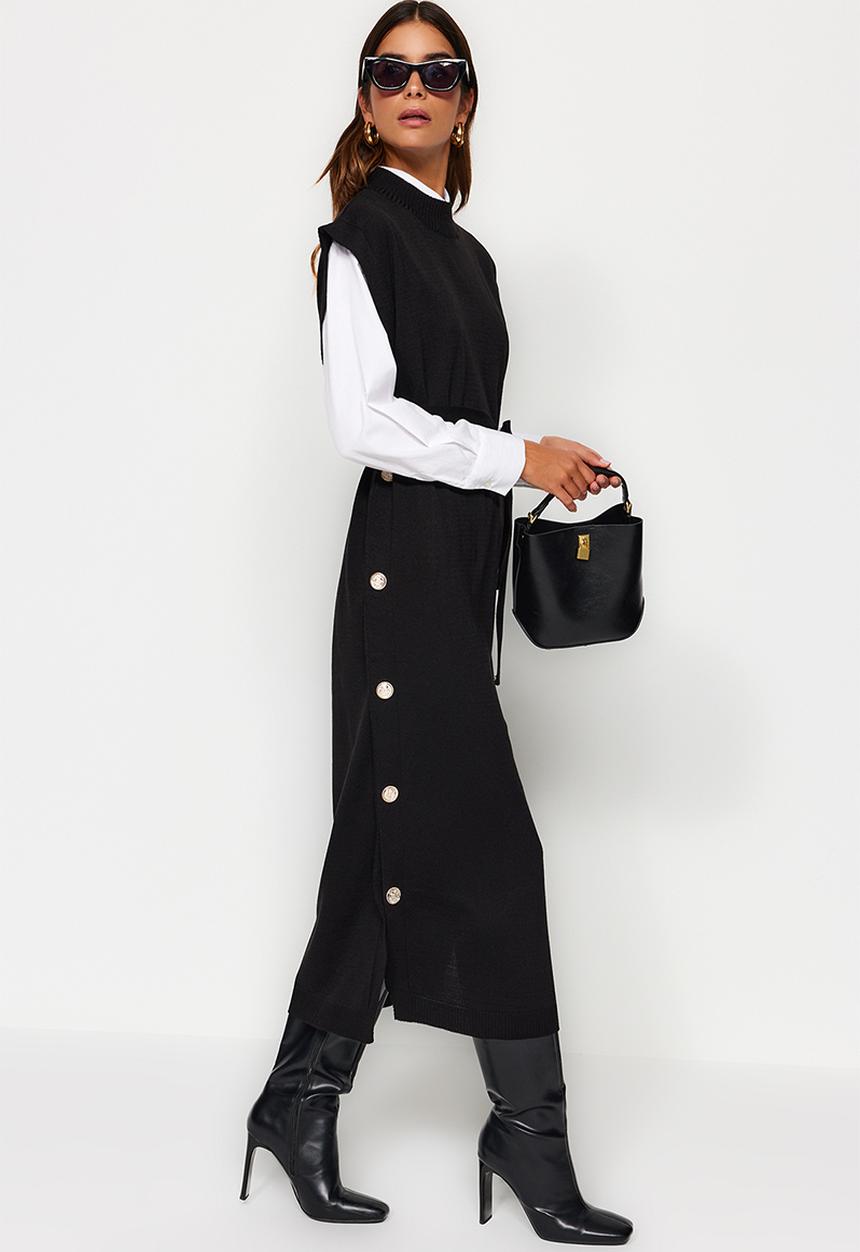 Trendyol - Button Detailed Knitwear Sweater Dress - Black