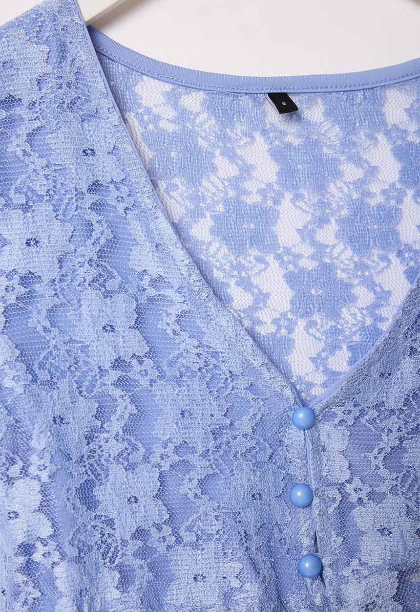 Trendyol - Lace V-Neck Button Fitted Knitted Blouse - Blue