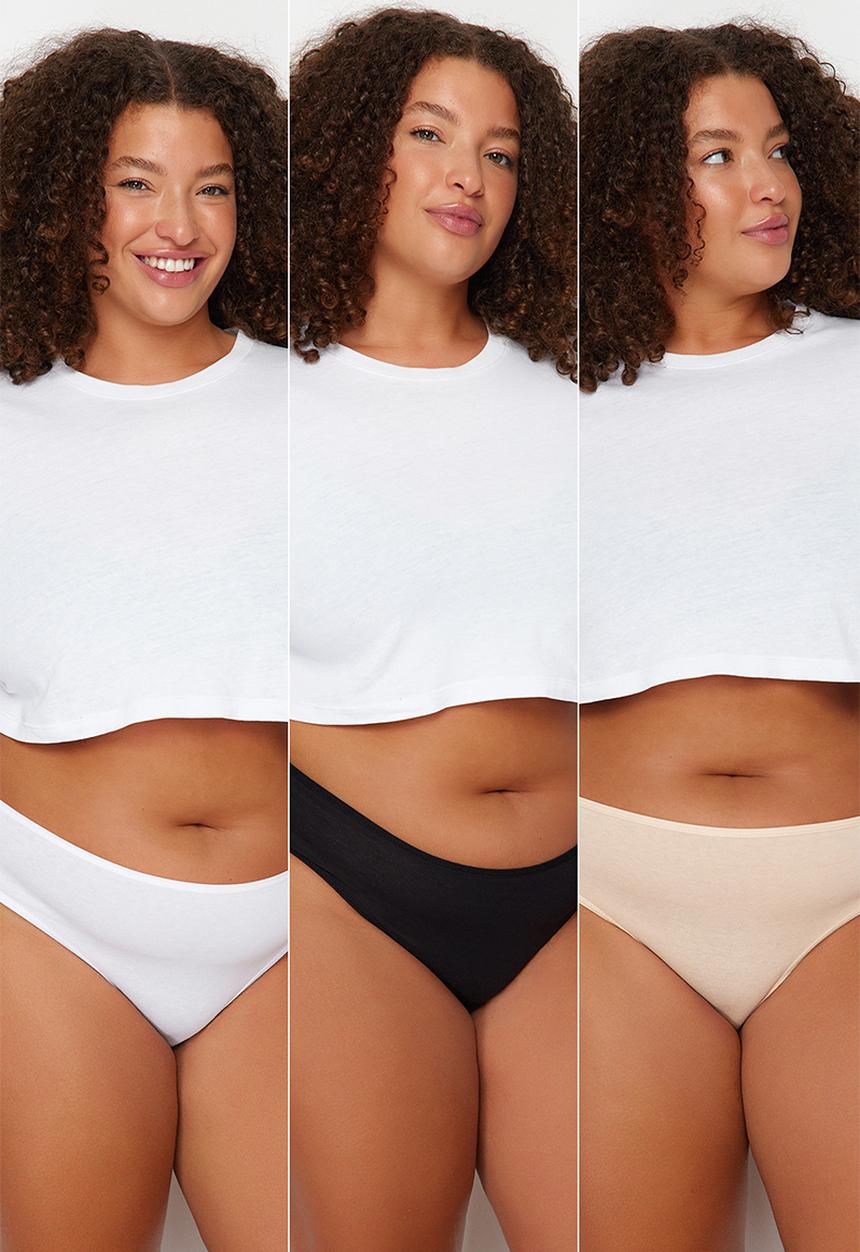 Trendyol - Plus size 3-pack cotton classic panties - black-white-skin