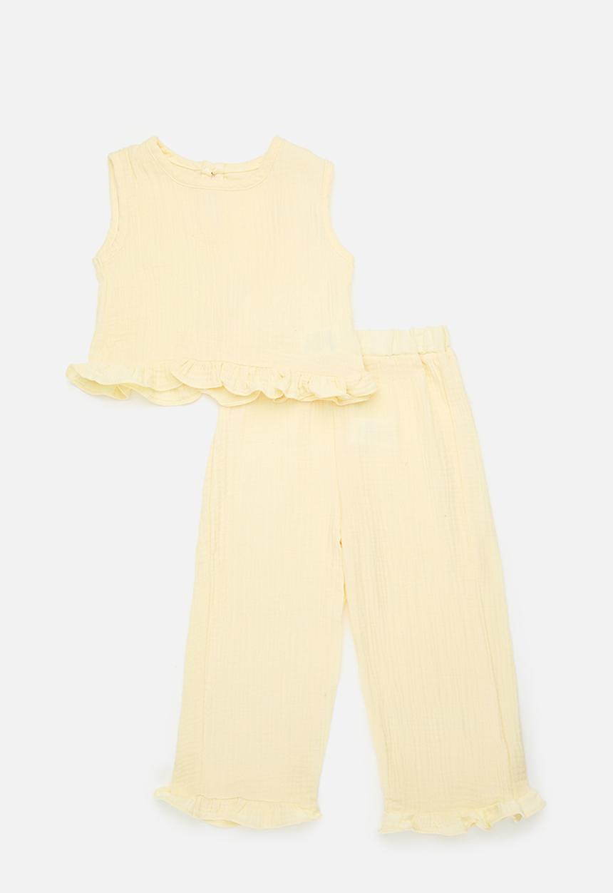 Pop Candy - Baby cotton ruffle hem top with matching pants - custard