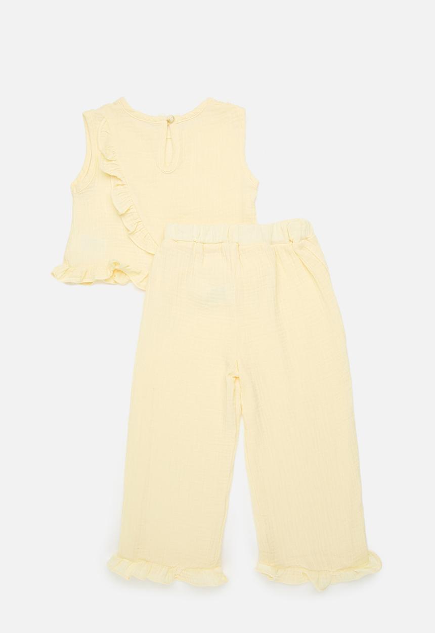 Pop Candy - Baby cotton ruffle hem top with matching pants - custard