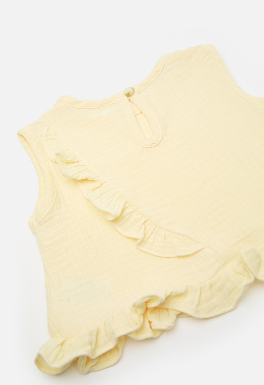 Pop Candy - Baby cotton ruffle hem top with matching pants - custard
