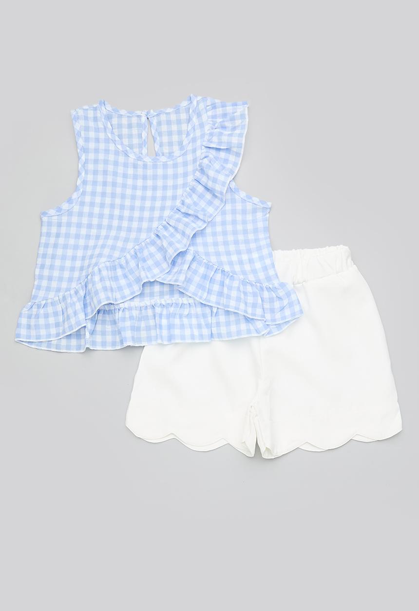 Pop Candy - Diagonal ruffle top with scallop hem shorts - light blue gingham/white