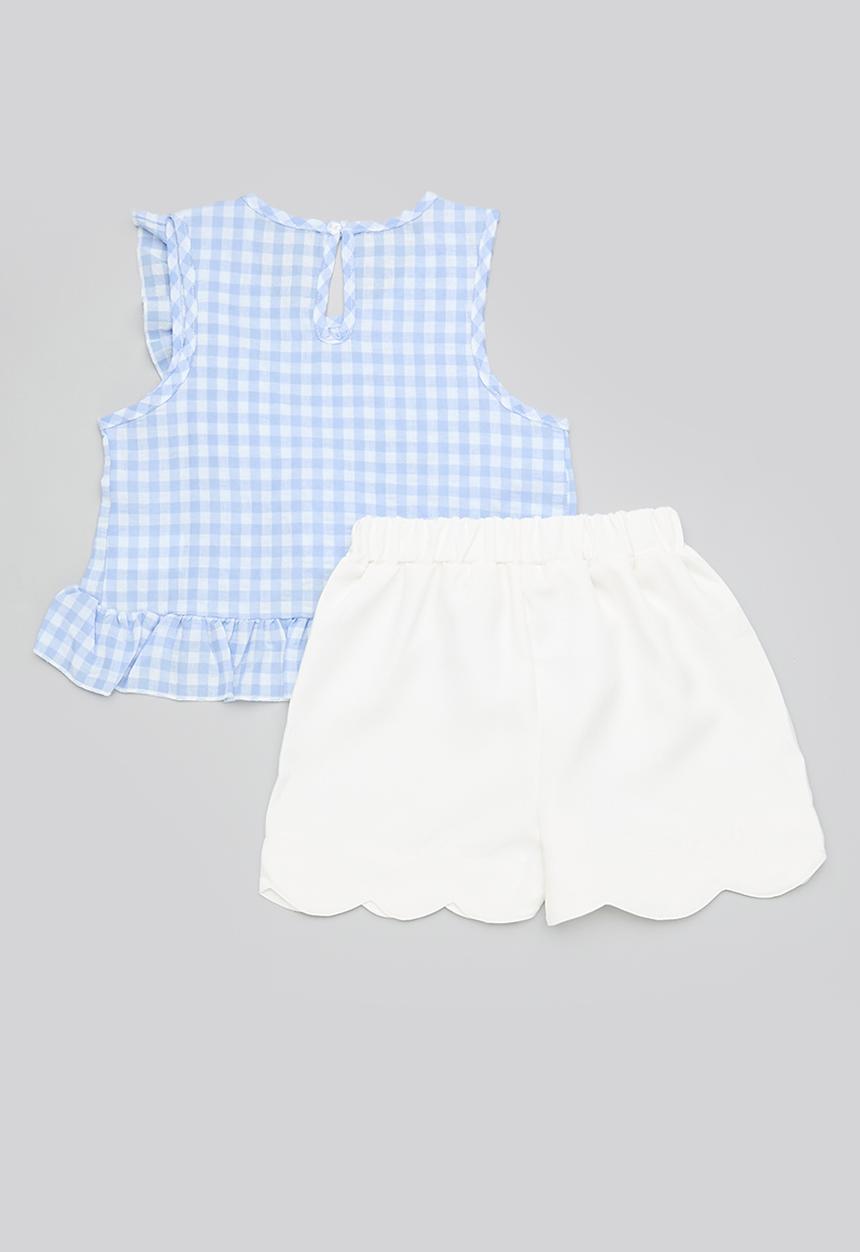 Pop Candy - Diagonal ruffle top with scallop hem shorts - light blue gingham/white