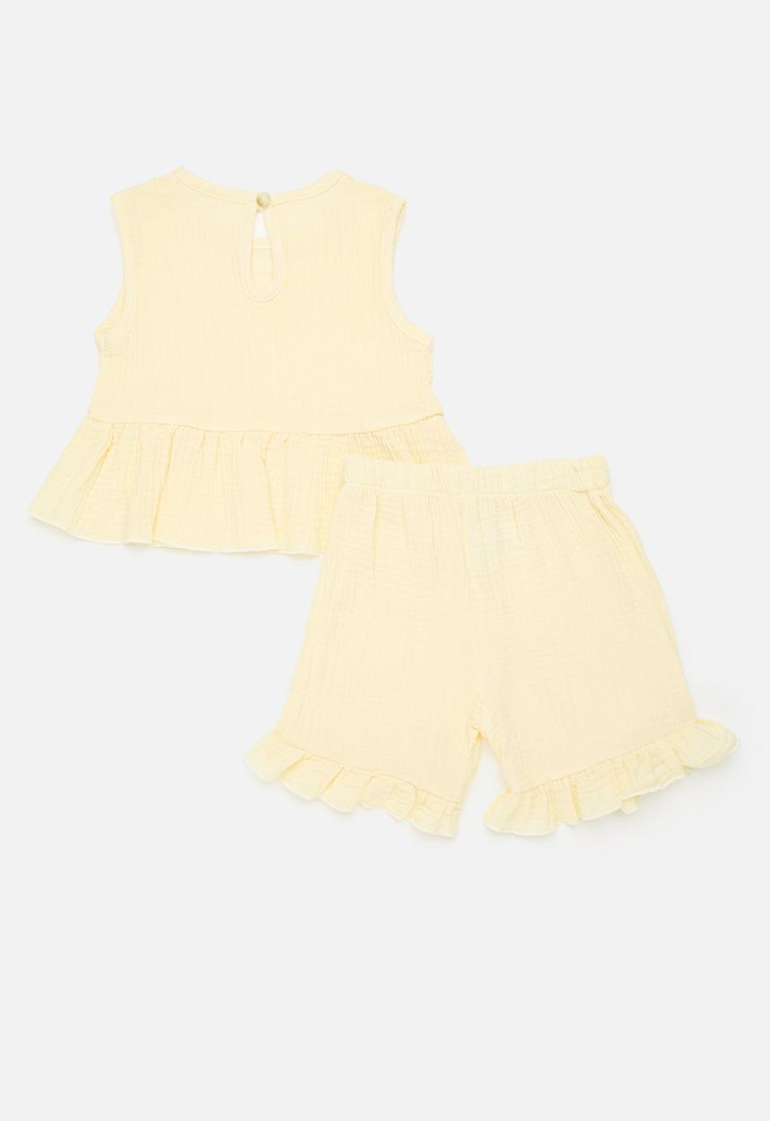 Pop Candy - Peplum top with bow detail & frilled hem shorts - lemon chiffon