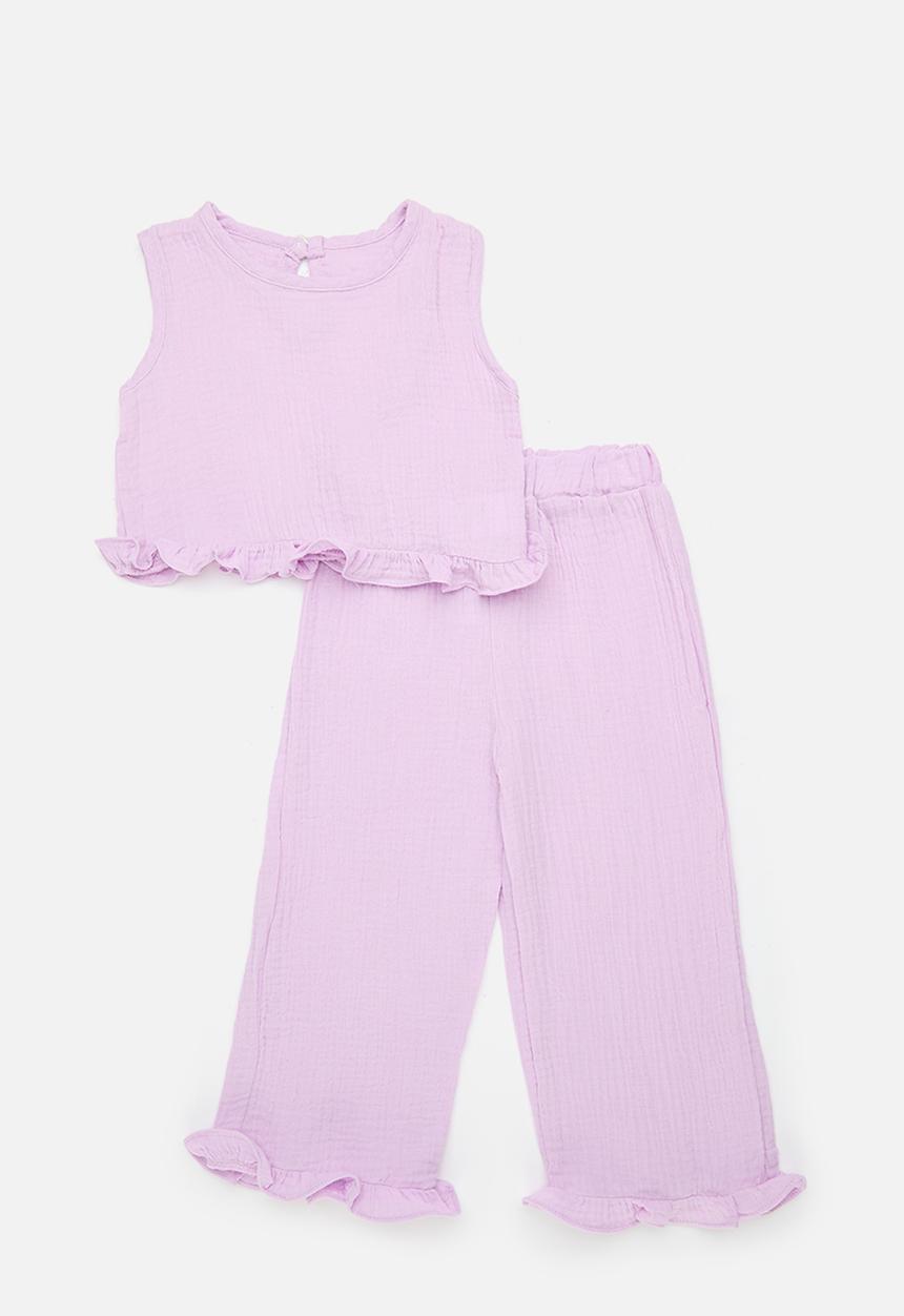 Pop Candy - Baby cotton ruffle hem top with matching pants - lilac