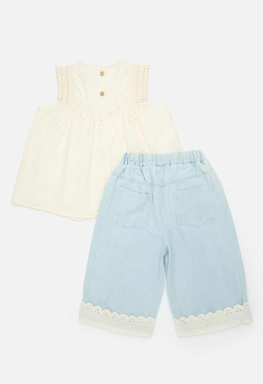 Pop Candy - Anglaise top with crochet detail & matching jeans - cream/light blue