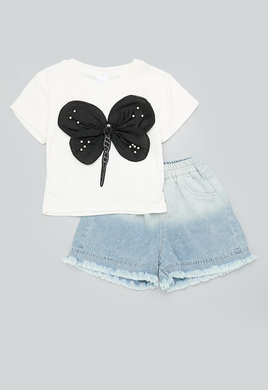 Pop Candy - Beaded 3D butterfly wing top with frayed hem shorts - multi