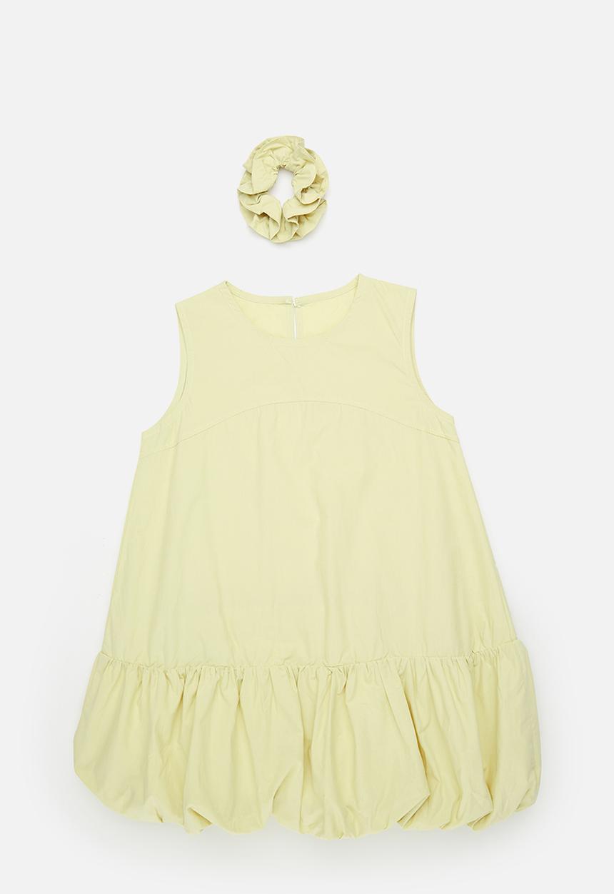 Pop Candy - Bubble hem dress with ruffle scrunchie - light yellow
