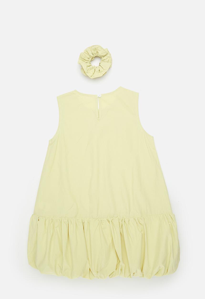 Pop Candy - Bubble hem dress with ruffle scrunchie - light yellow