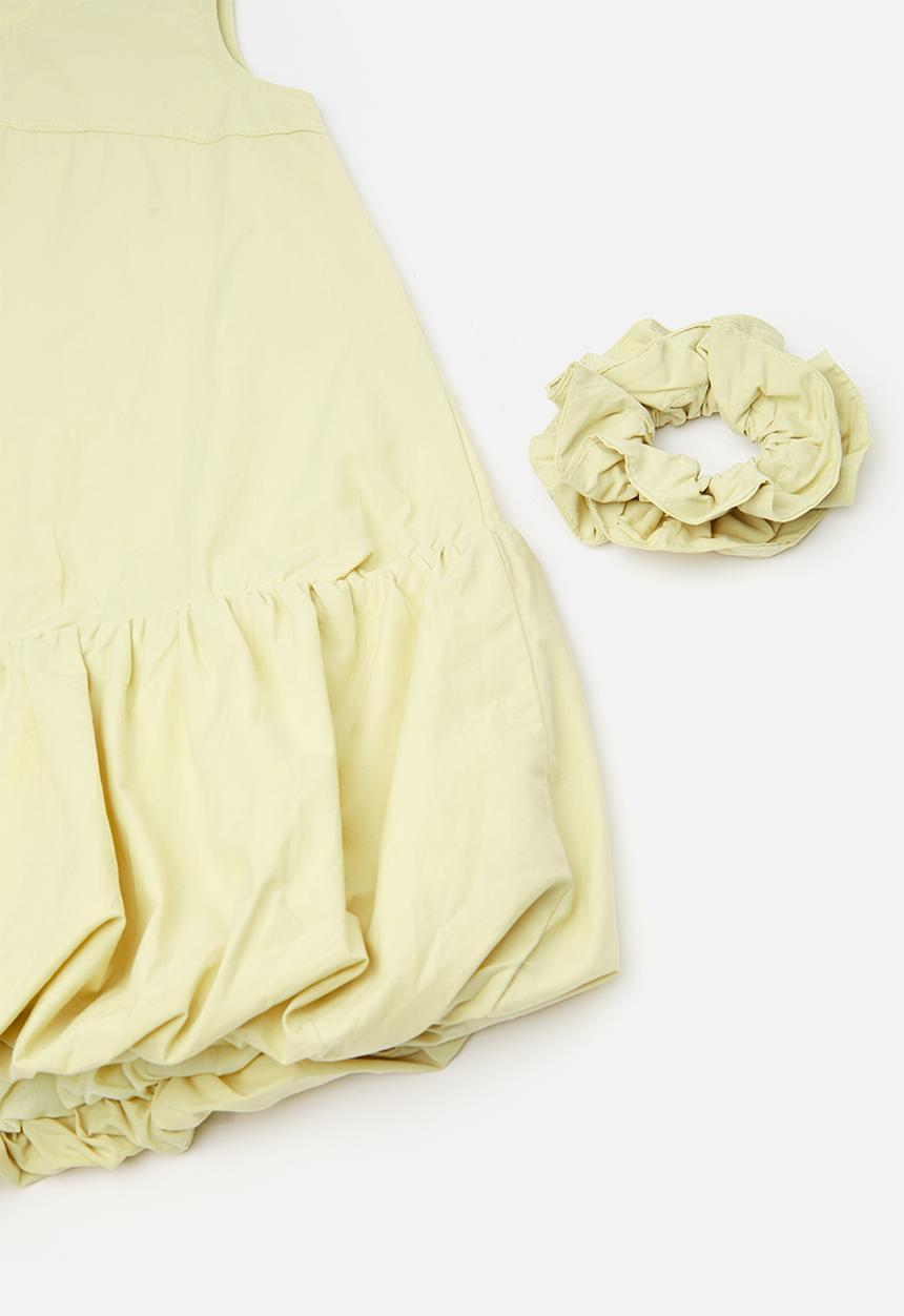 Pop Candy - Bubble hem dress with ruffle scrunchie - light yellow