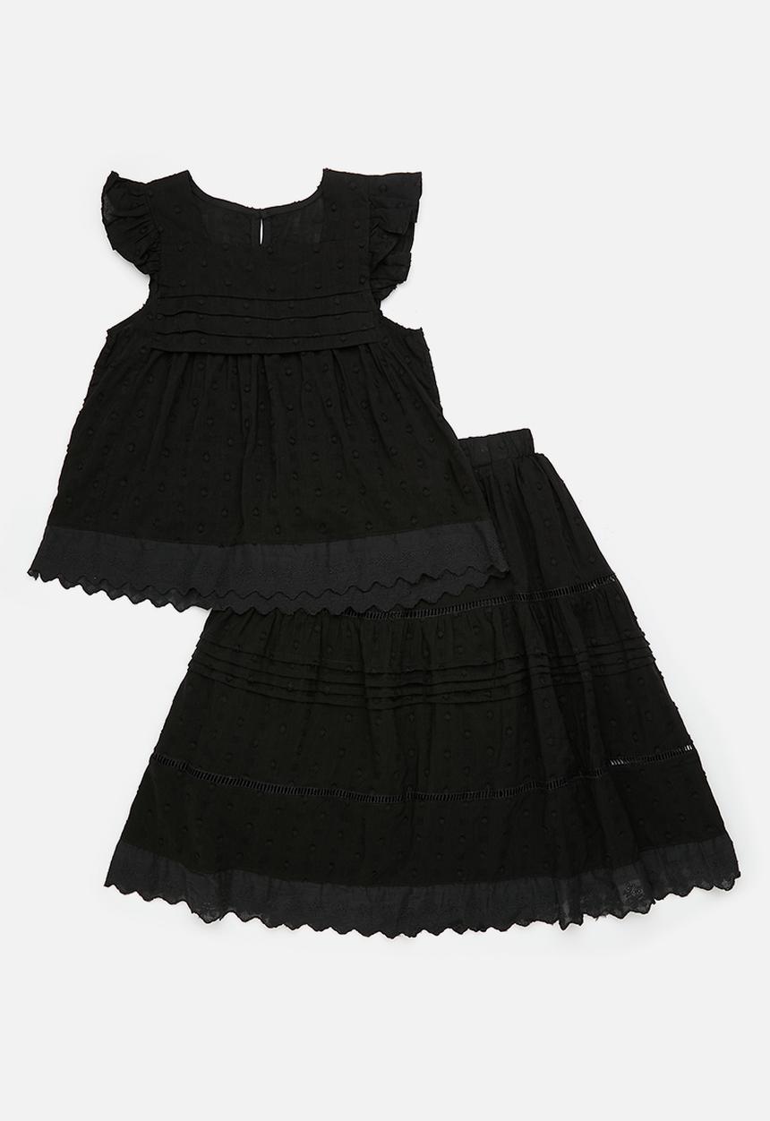 Pop Candy - Textured blouse & skirt with pin tuck detail and anglaise hem - black