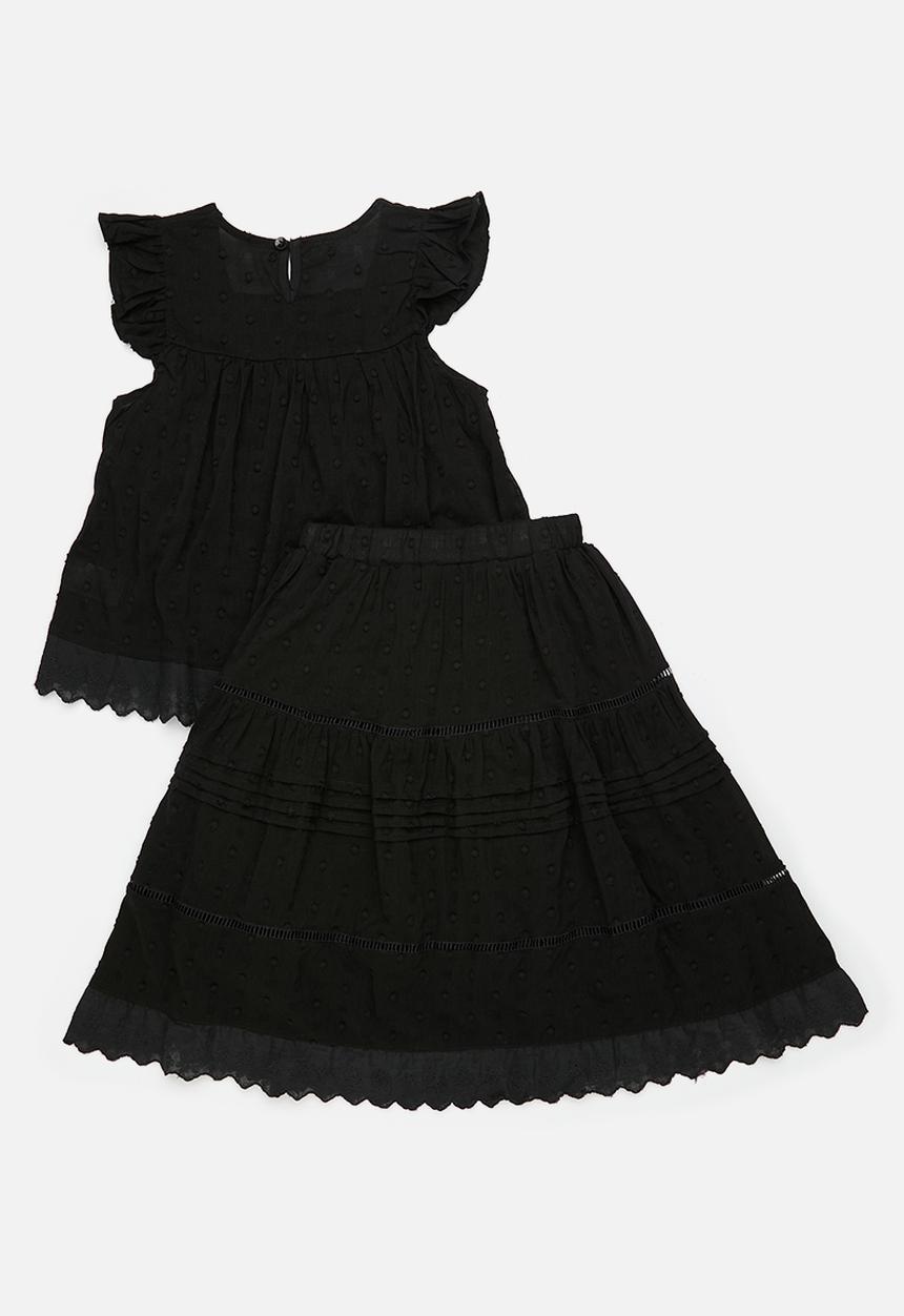Pop Candy - Textured blouse & skirt with pin tuck detail and anglaise hem - black
