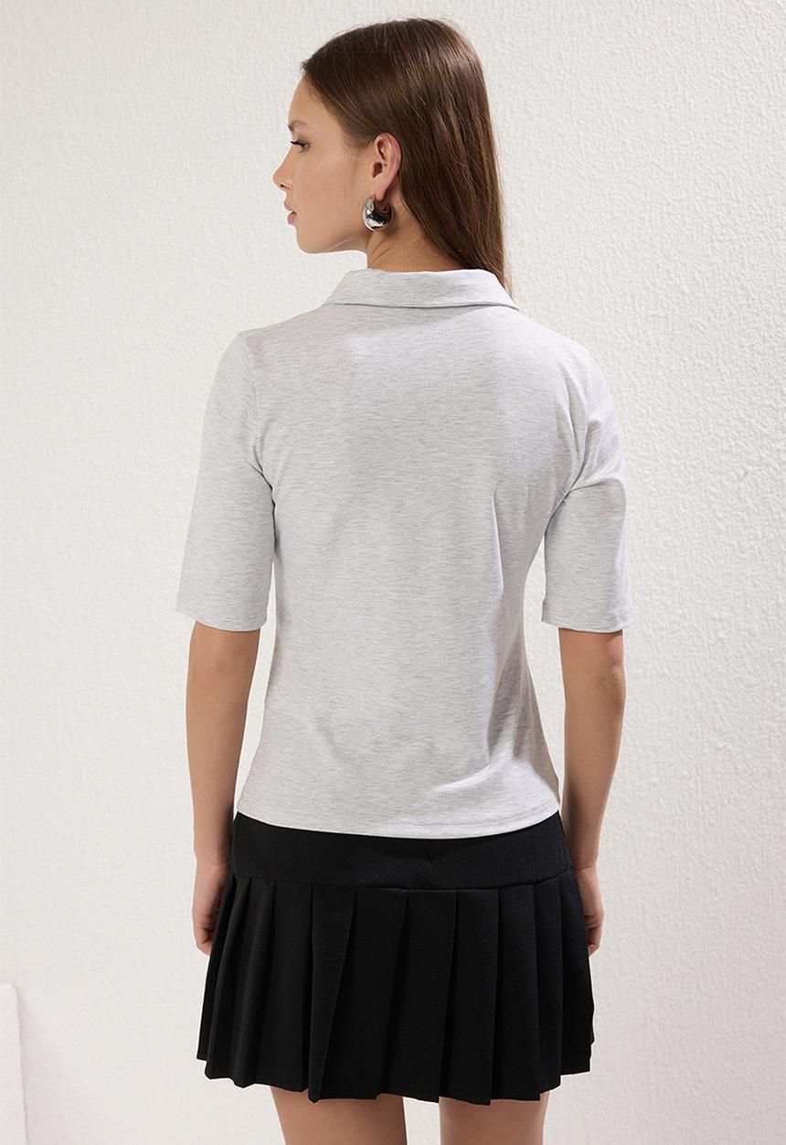 Trendyol - Polo Neck Three-Quarter Sleeve Knitted Blouse - Grey Melange