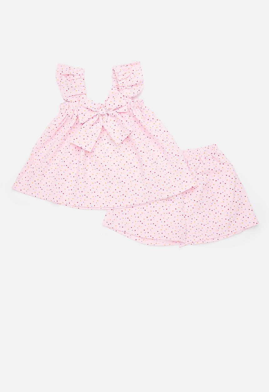 Pop Candy - Textured babydoll top with flared shorts - pink/heart aop
