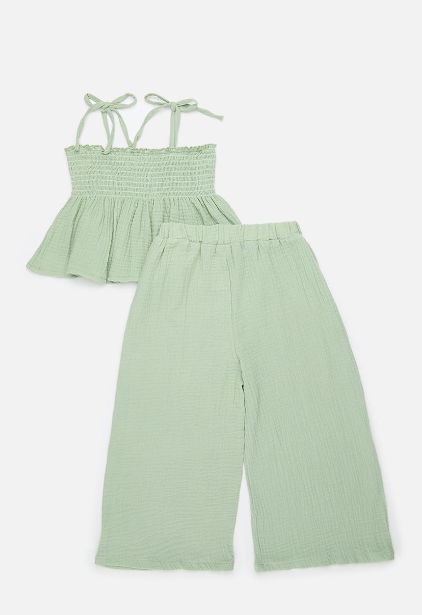 Pop Candy - Shirred bodice top with extra wide leg pants - calm green