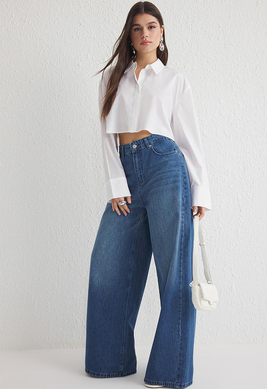 Trendyol - High Waist Extra Wide Leg Palazzo Jeans - Blue