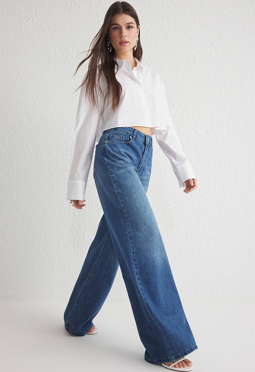 Trendyol - High Waist Extra Wide Leg Palazzo Jeans - Blue