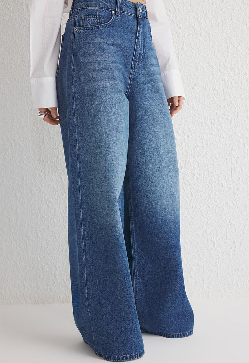 Trendyol - High Waist Extra Wide Leg Palazzo Jeans - Blue