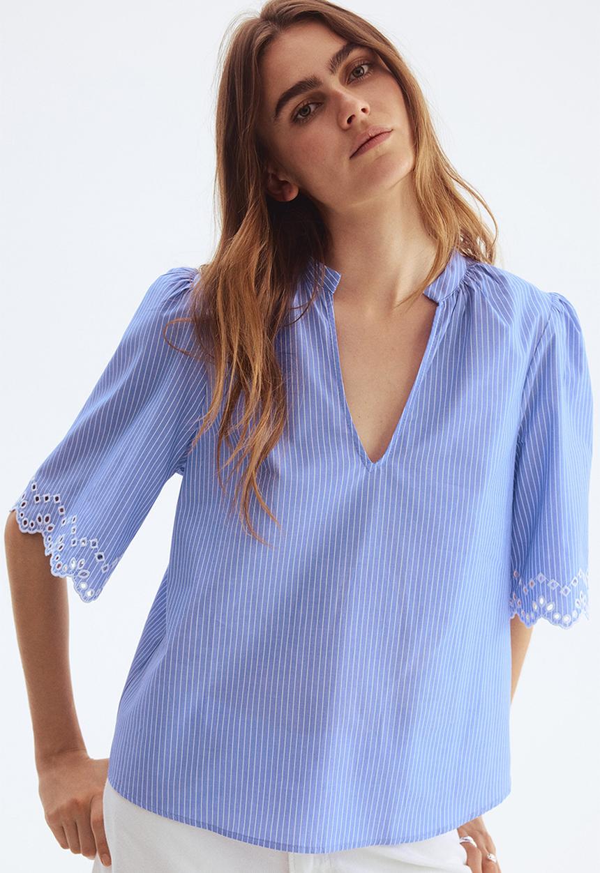 H&M - Broderie anglaise cotton blouse - light blue/striped