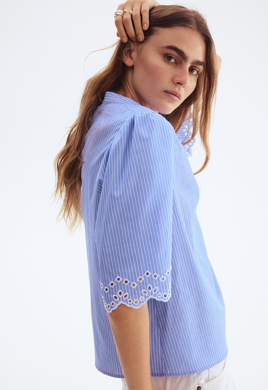 H&M - Broderie anglaise cotton blouse - light blue/striped