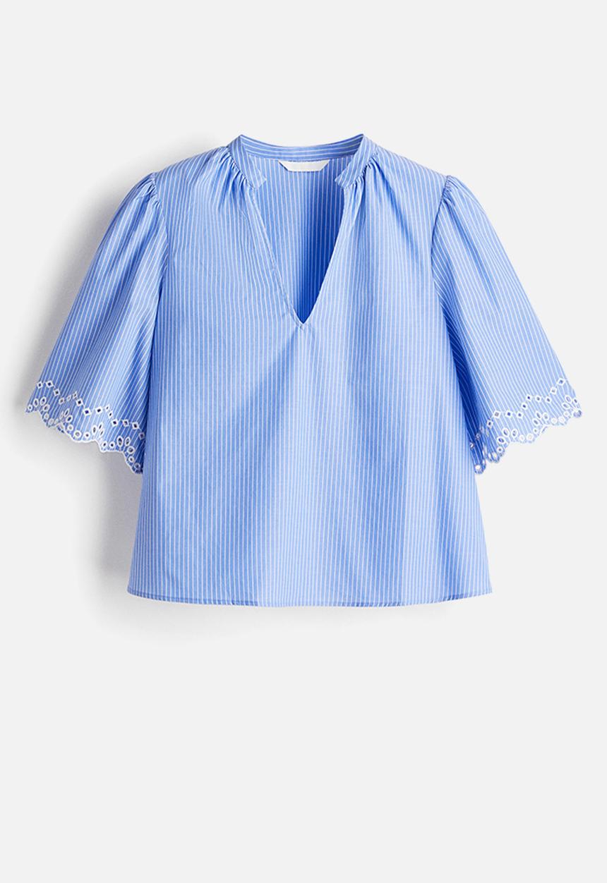 H&M - Broderie anglaise cotton blouse - light blue/striped