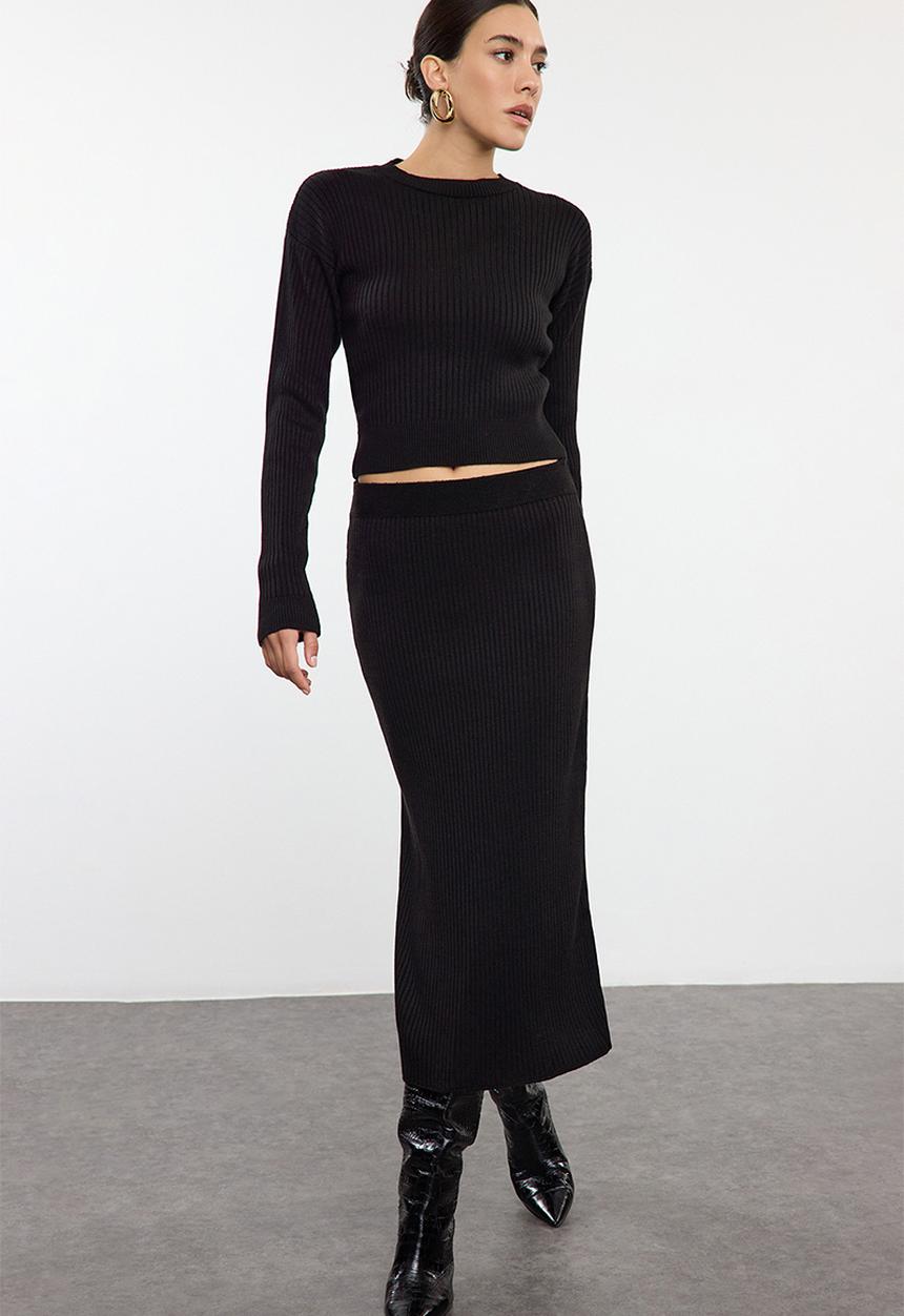 Trendyol - Knitwear Crop Skirt Set - Black