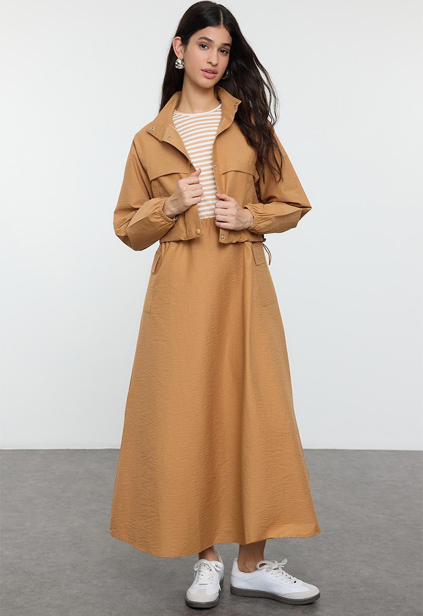 Trendyol - Parachute Fabric Camel Dress and Jacket Set - Camel