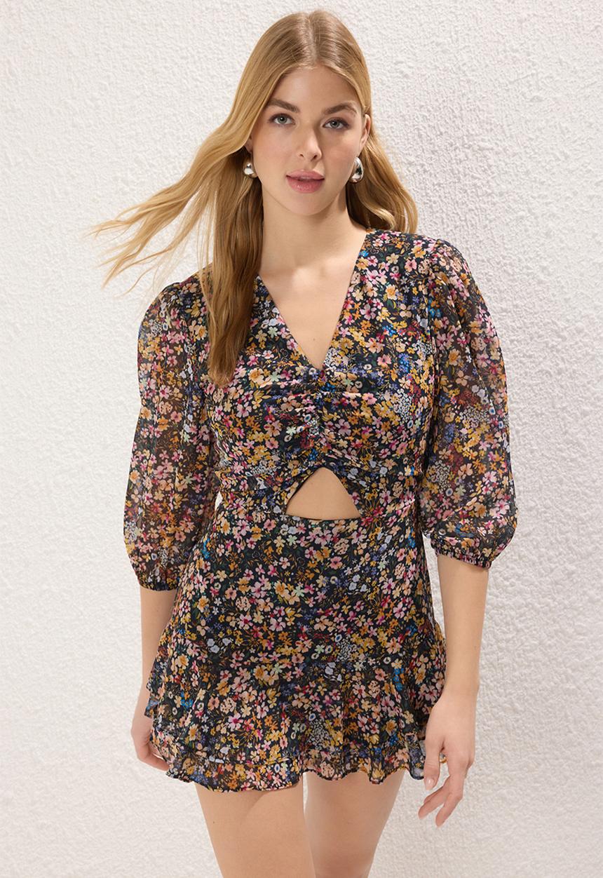 Trendyol - Floral Print Cut Out Detail Mini Lined Chiffon Woven Jumpsuit - Black