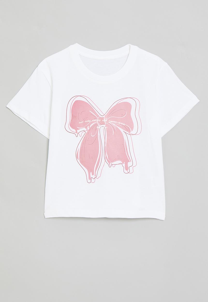 Pop Candy - Bow placement print tee with slogan - white/pink