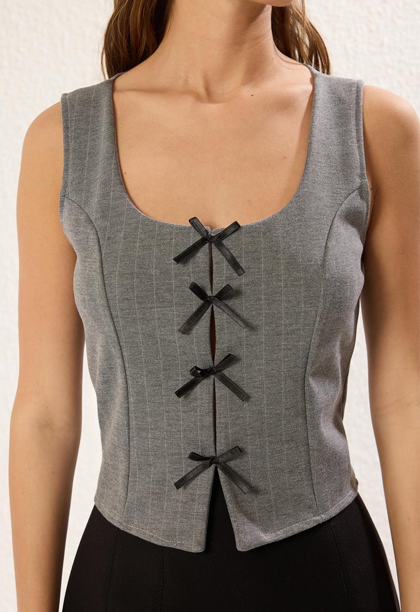Trendyol - Striped Ribbon Binding Detailed Body Fitting Knitted Blouse - Grey